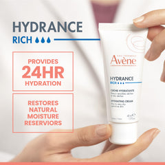 Closeup of Avène Hydrance Rich Cream jar emphasizing its rich texture for lasting moisture.