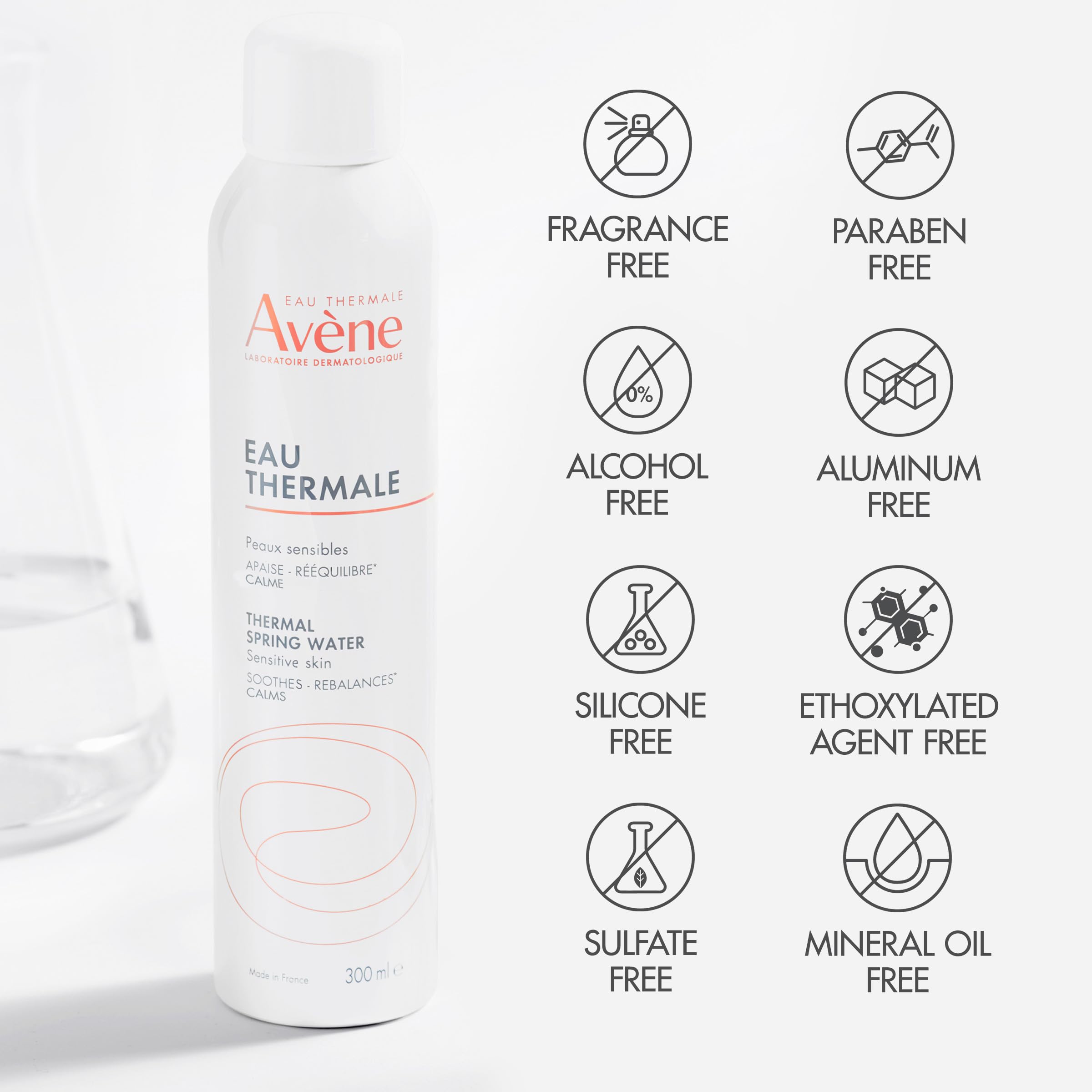 Avène label close-up emphasizes purity and dermatology heritage.