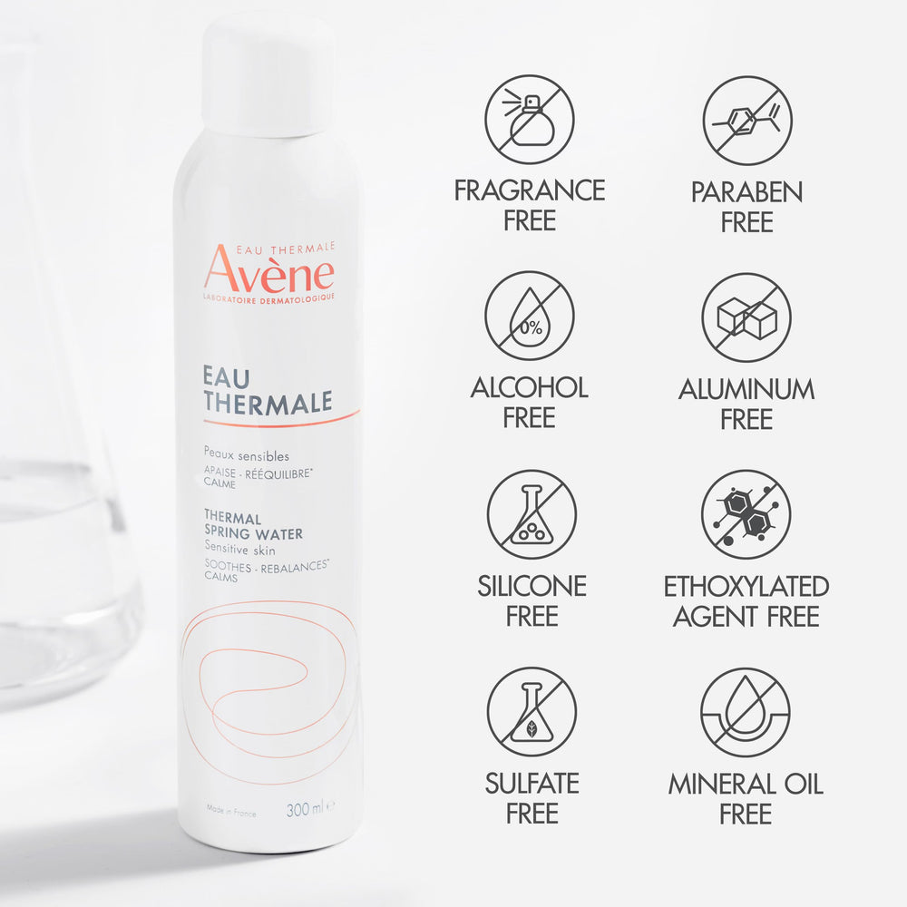 Avène label close-up emphasizes purity and dermatology heritage.