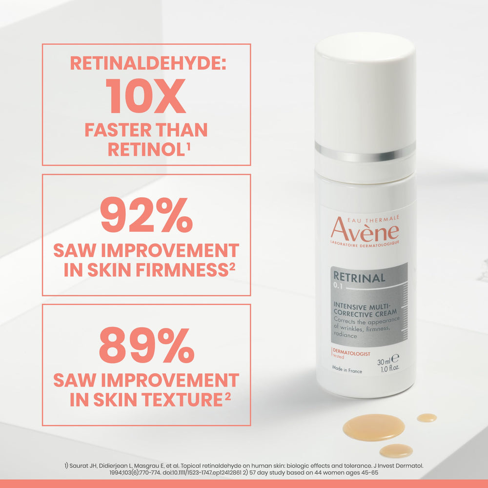 Avène Retrinal 0.1% cream tube beside swatch demonstrates convenient packaging