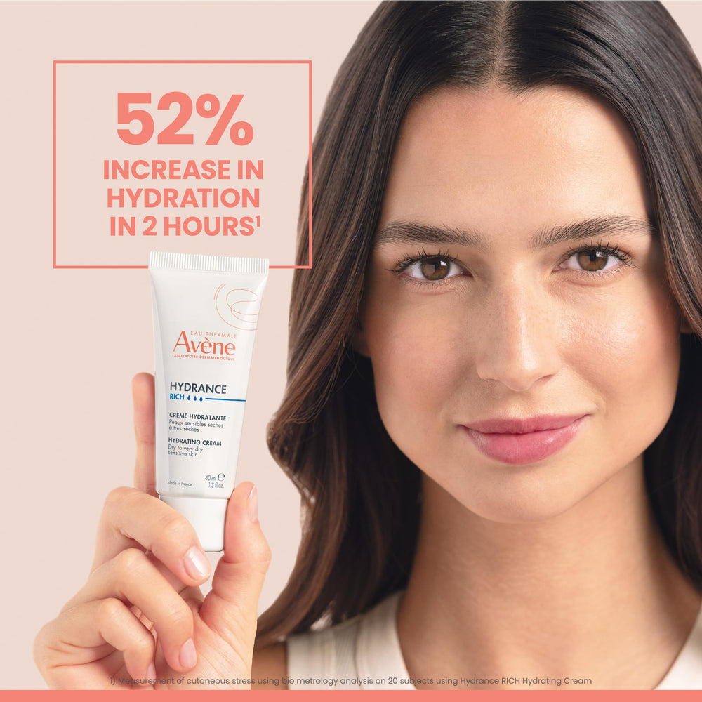 Avène Thermal Spring Water bottle beside Hydrance Rich Cream for calming skincare routine.