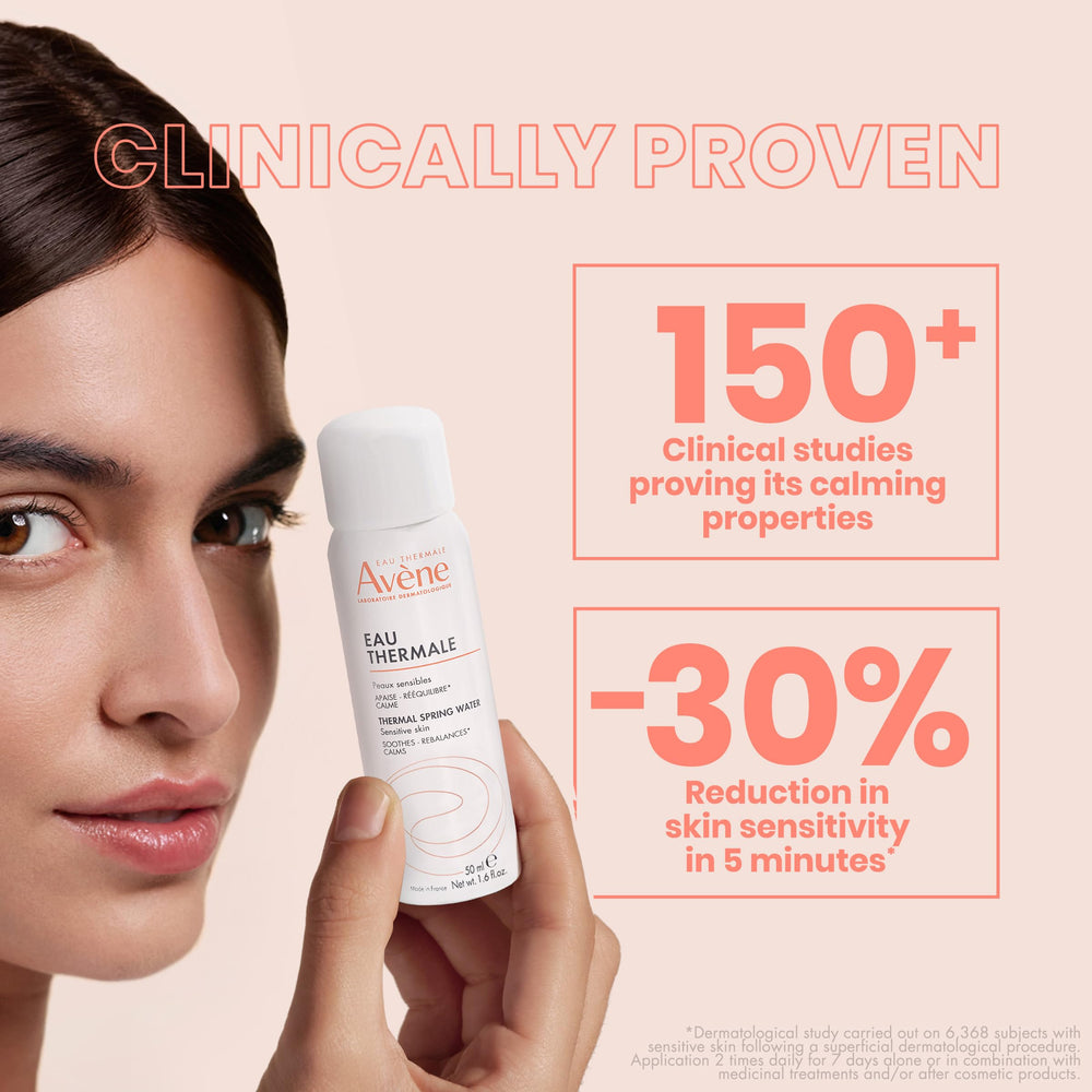 Avène water on the face to help calm sensitive skin