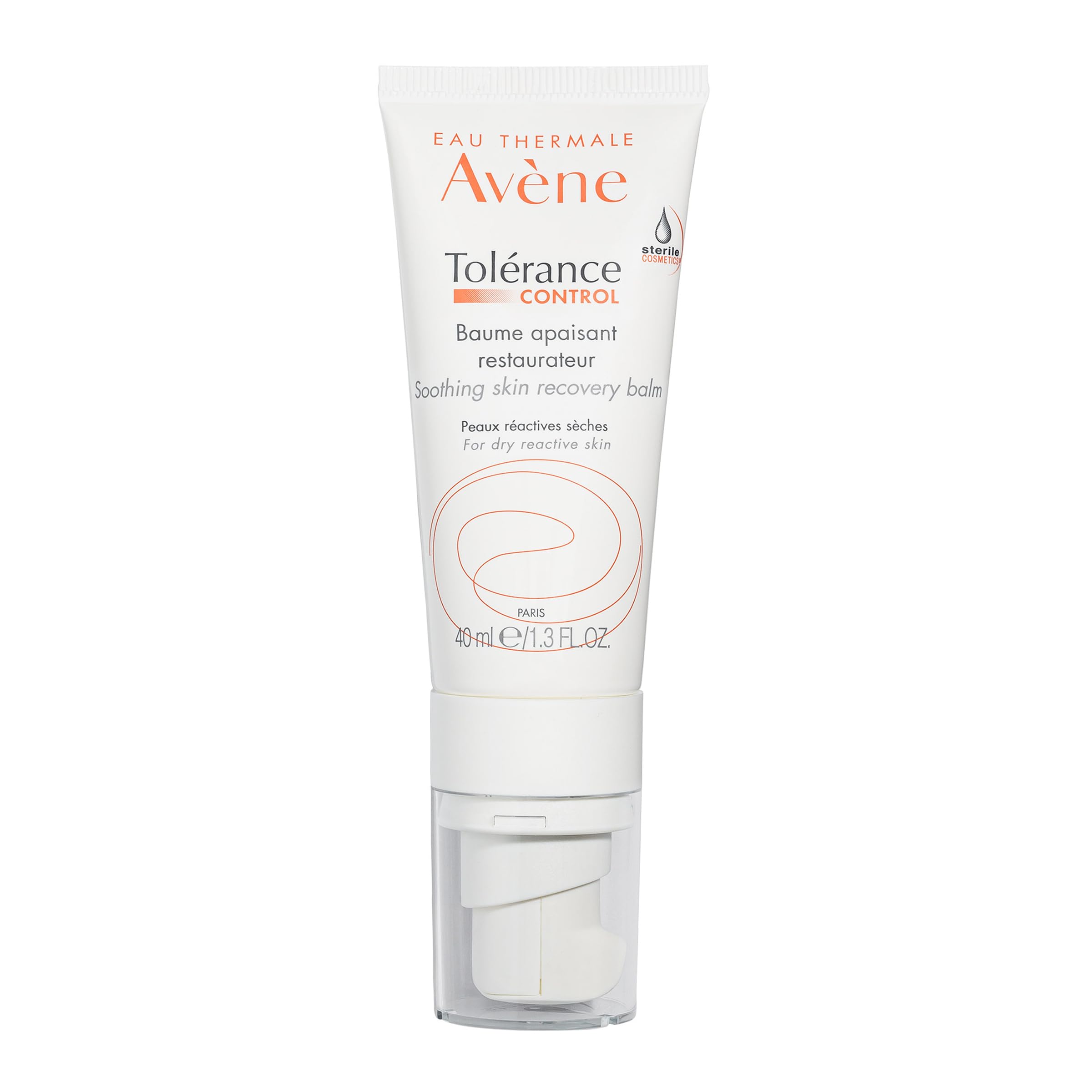 Avène Tolérance Control soothing balm tube closeup for calming sensitive skin.