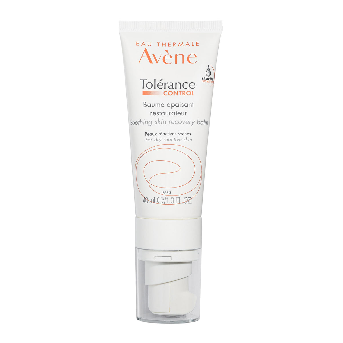 Avène Tolérance Control soothing balm tube closeup for calming sensitive skin.