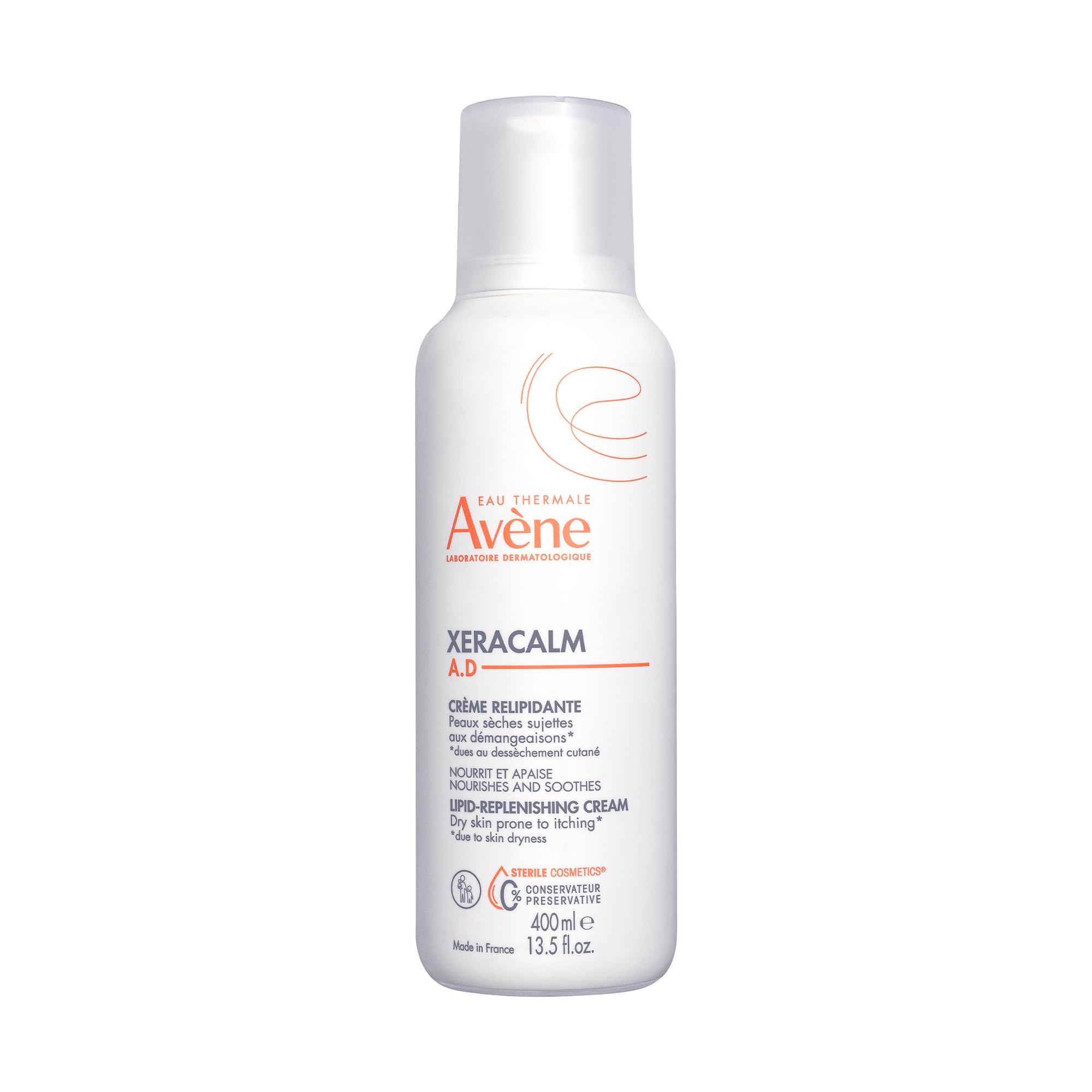 Avène XeraCalm A.D cream pump close-up showcasing a rich, non-greasy hydration for sensitive skin.