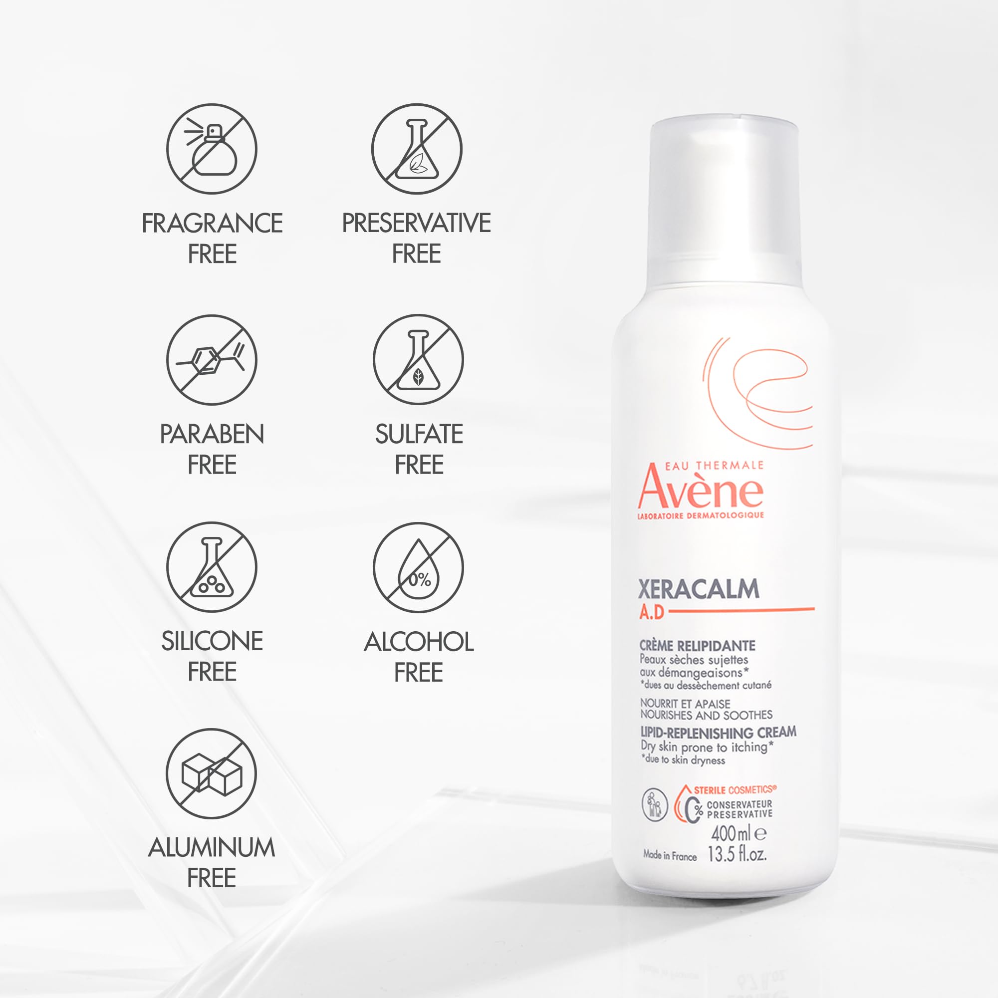 Avène XeraCalm A.D fragrance-free label highlighting mild formula.