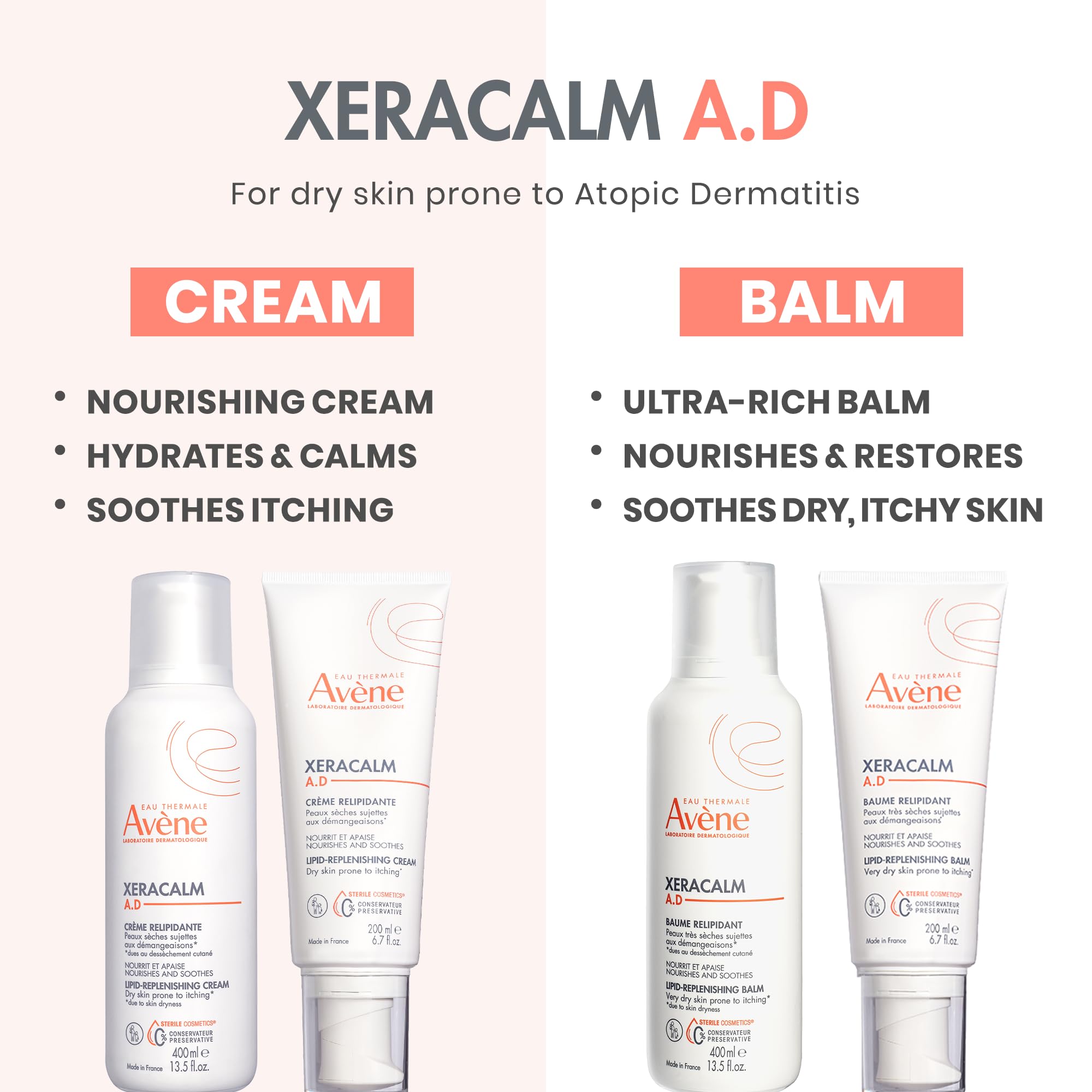 Avène XeraCalm A.D no-preservatives seal indicating clean formula.