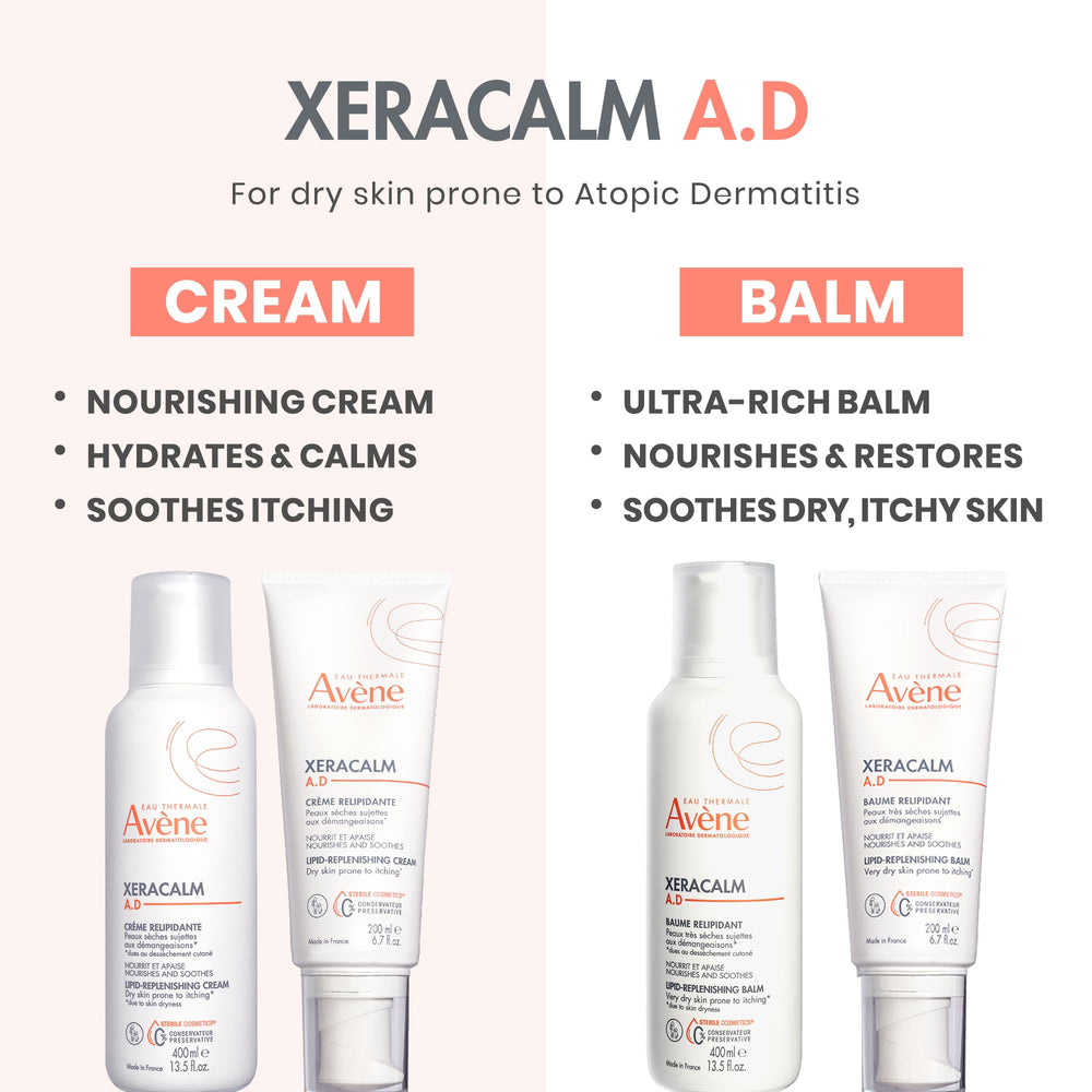 Avène XeraCalm A.D no-preservatives seal indicating clean formula.
