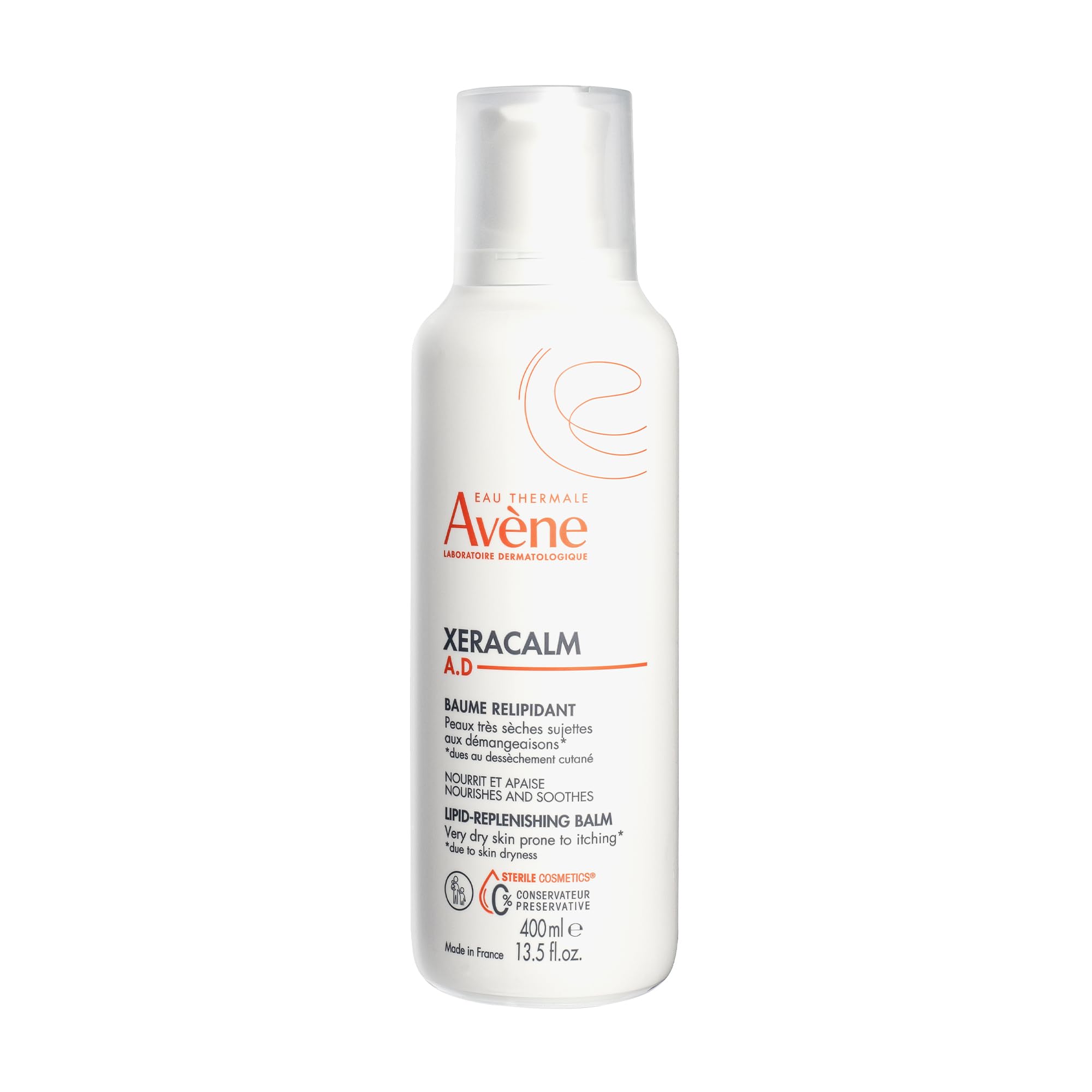 Avène XeraCalm A.D lipid balm jar with rich, fragrance-free formula for eczema-prone skin.