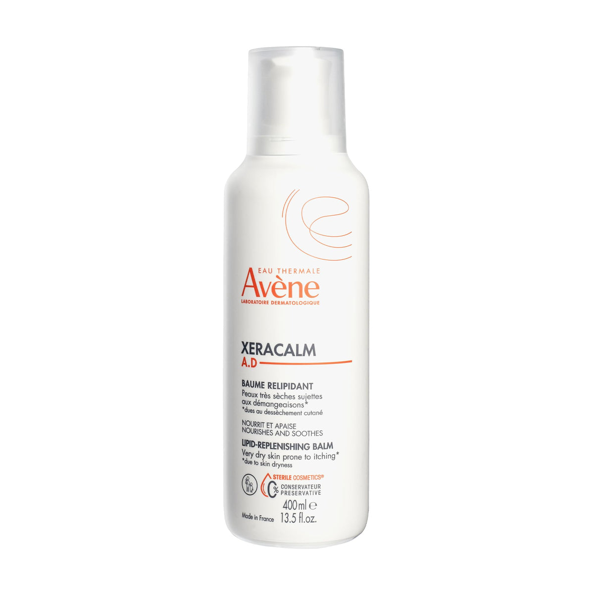 Avène XeraCalm A.D lipid balm jar with rich, fragrance-free formula for eczema-prone skin.