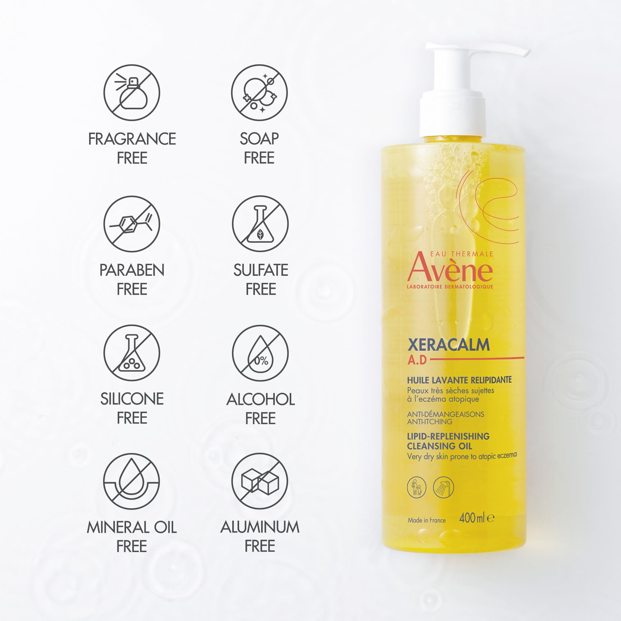 Avène XeraCalm A.D packaging highlighting fragrance-free, gentle cleansing.