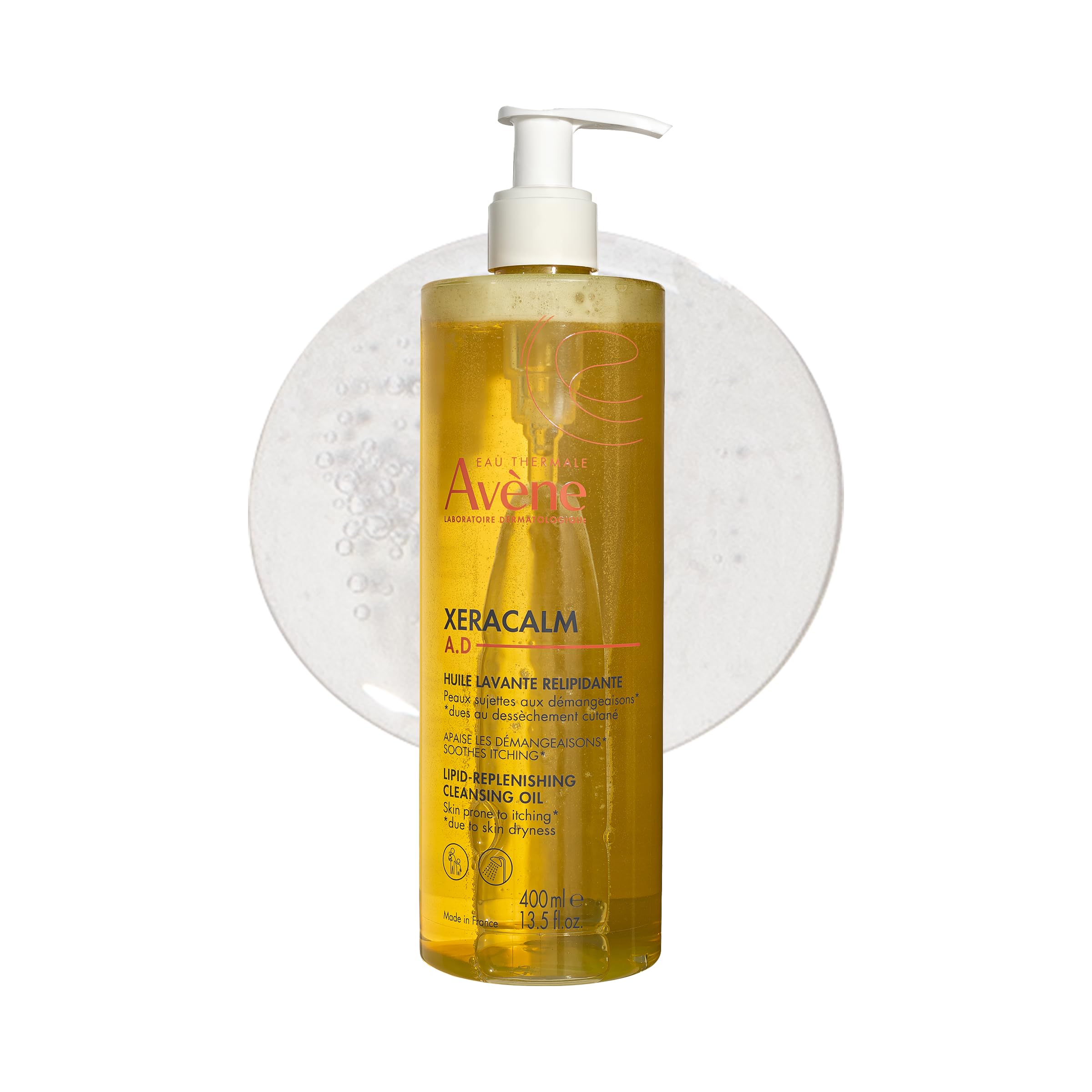 Avène XeraCalm A.D cleansing oil bottle with pump for daily, gentle cleansing.