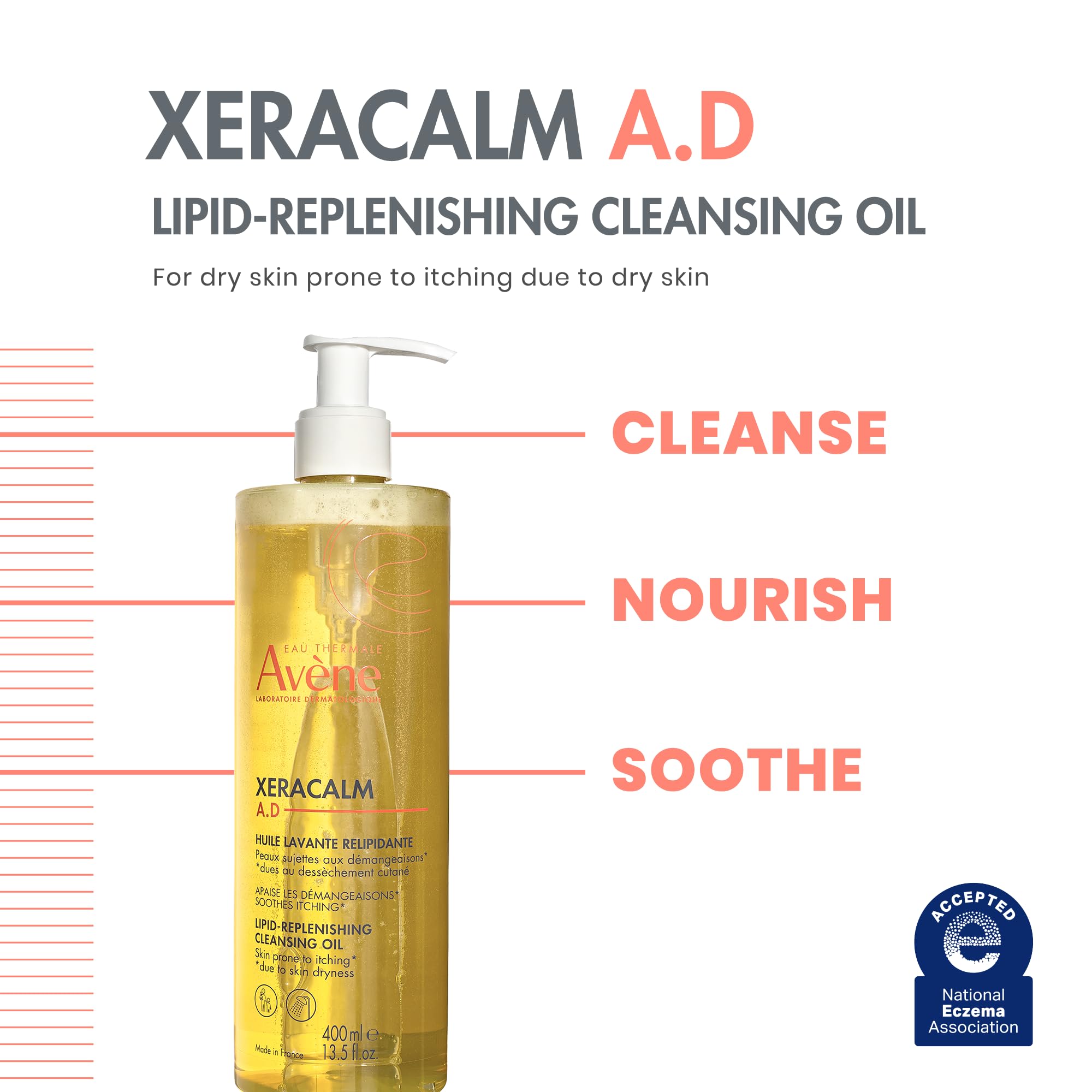 Close-up of Avène XeraCalm A.D texture showing silky, non-irritating oil.