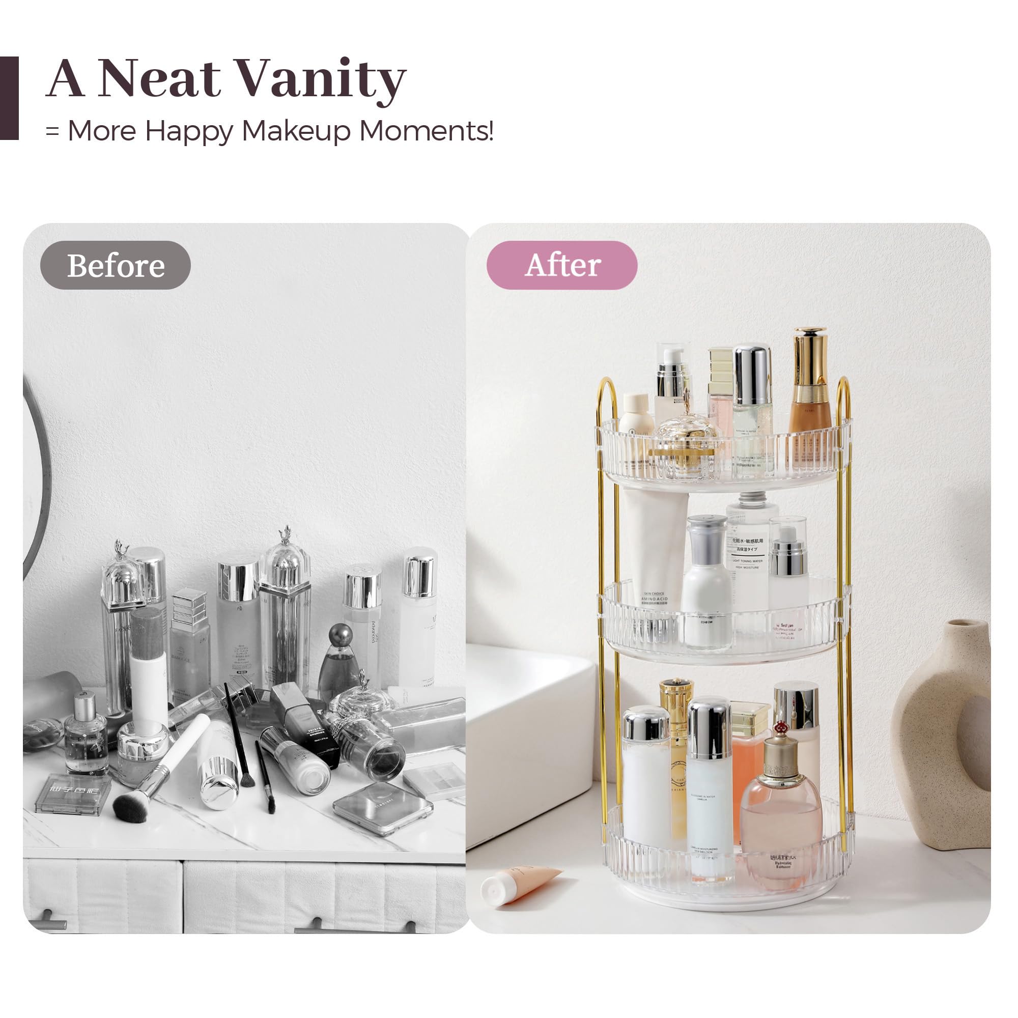 Clear spinning cosmetic organizer on dresser for easy access.