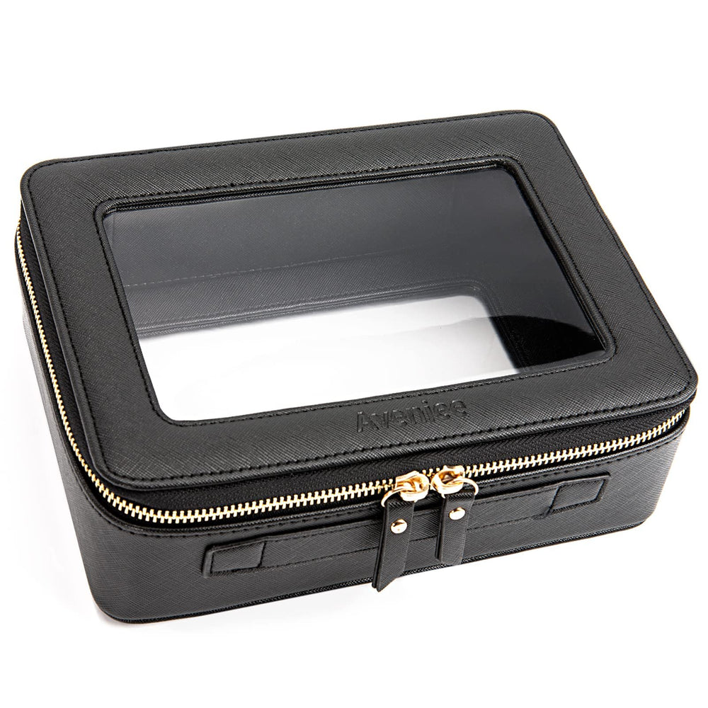 Aveniee Clear Makeup Bag Organizer in black, designed for easy access and stylish display.