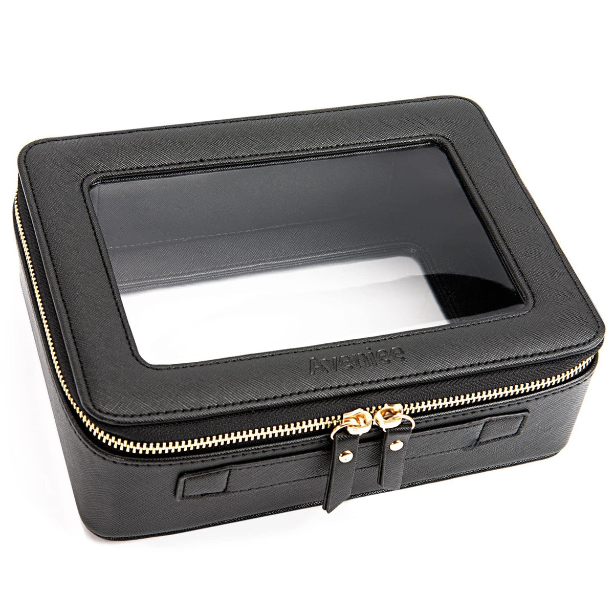Aveniee Clear Makeup Bag Organizer in black, designed for easy access and stylish display.
