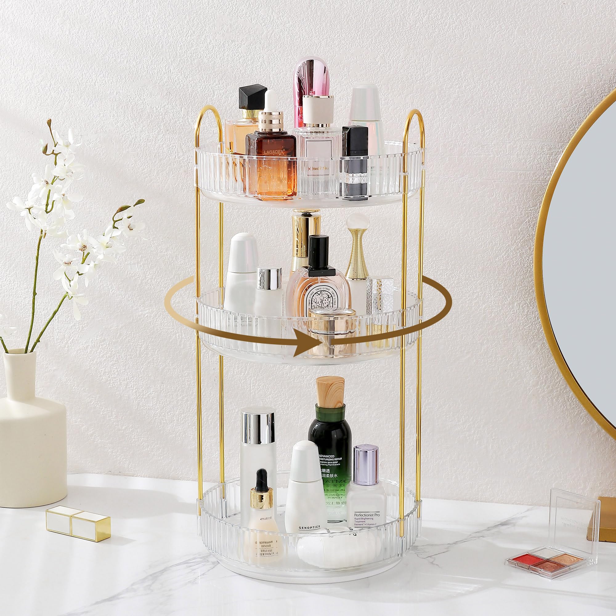 Aveniee perfume holder on bathroom counter saves space.