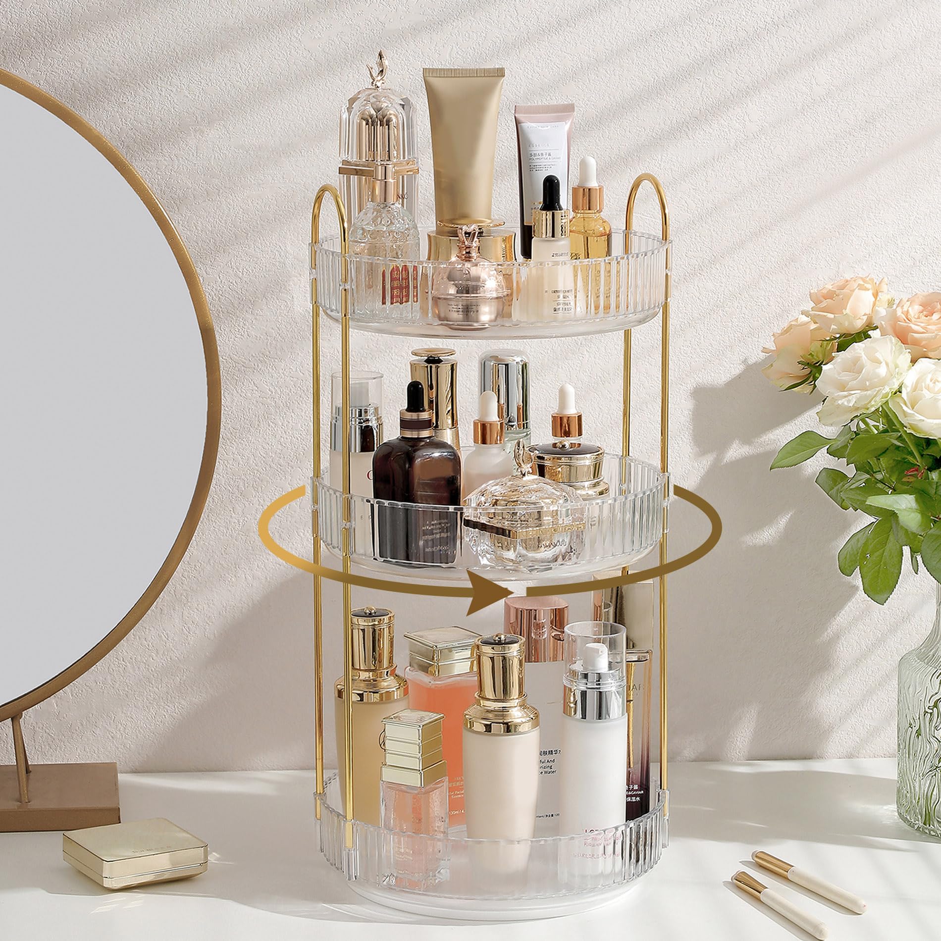 Aveniee rotating makeup organizer, top view, 360° access for cosmetics.