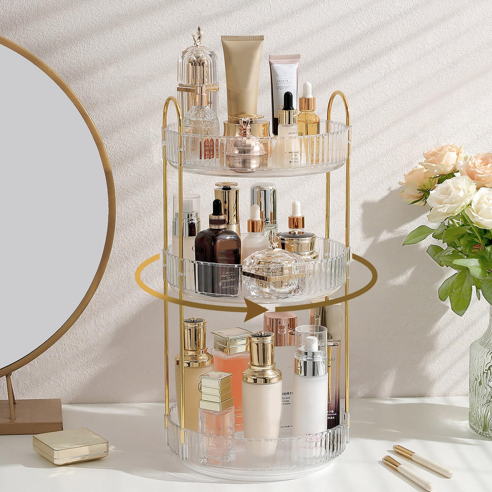 Aveniee rotating makeup organizer, top view, 360° access for cosmetics.