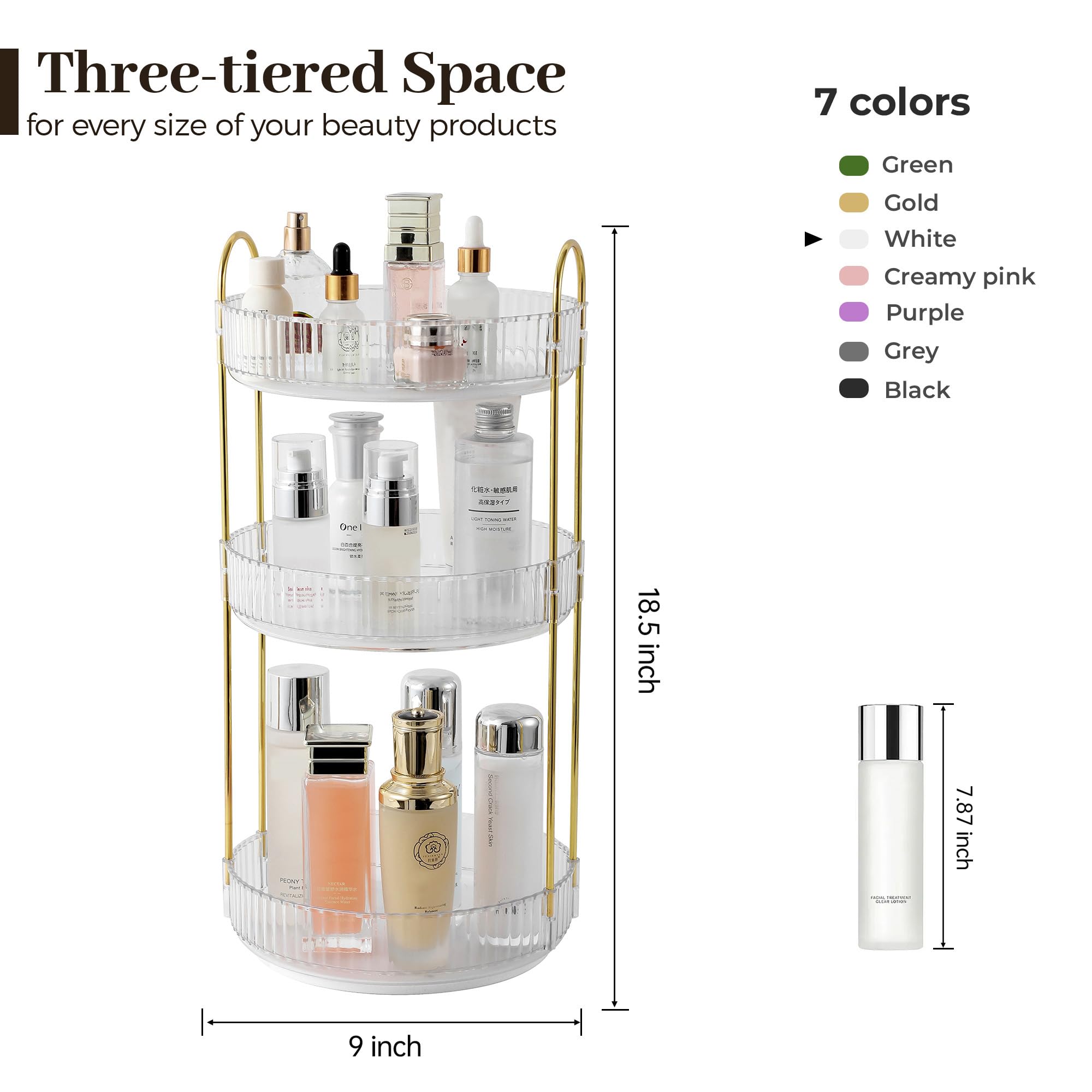 Aveniee vanity organizer 3-tier stores perfumes and skincare.