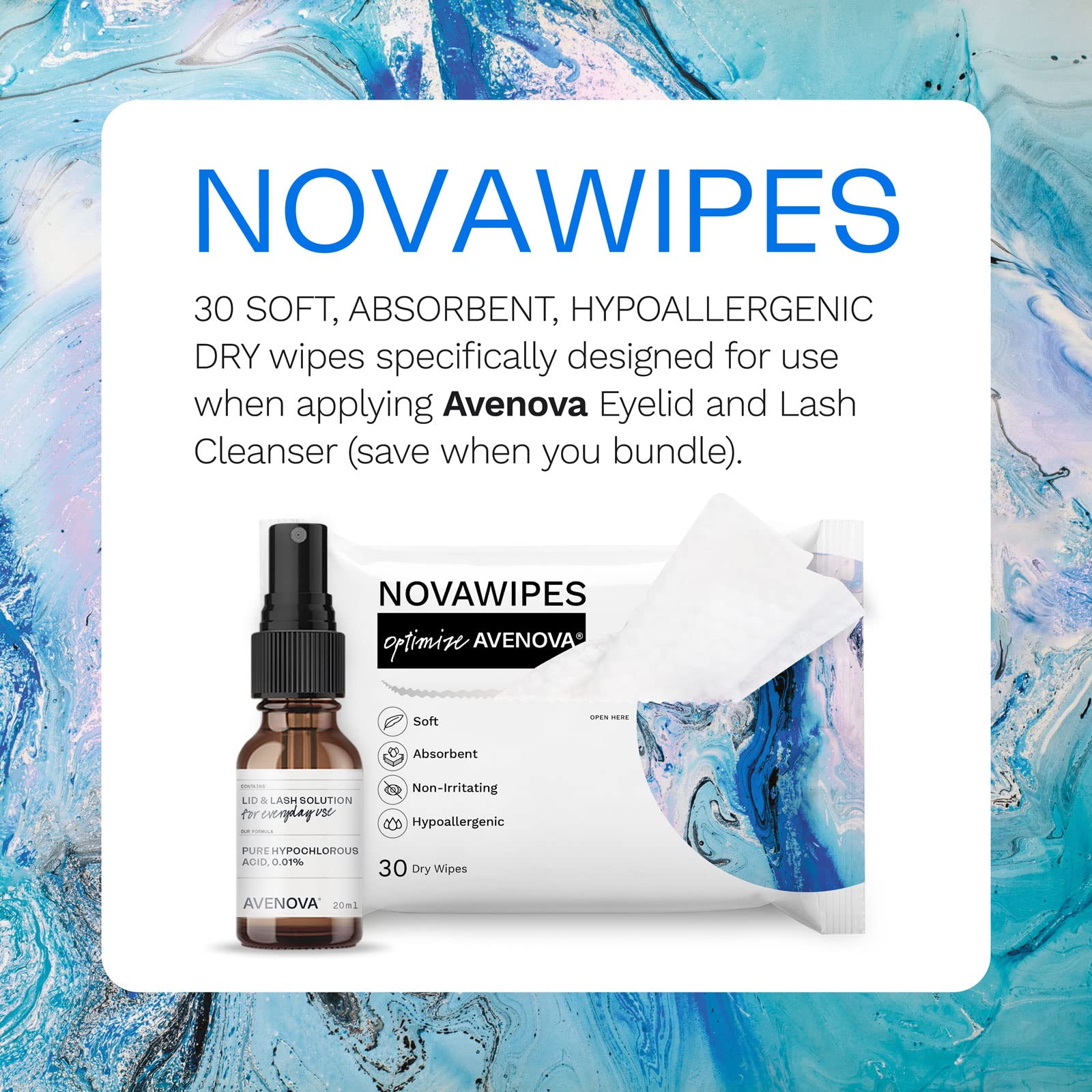 Avenova NovaWipes para aplicacion con limpiador de ojos, facilita envolvimiento y limpieza precisa.