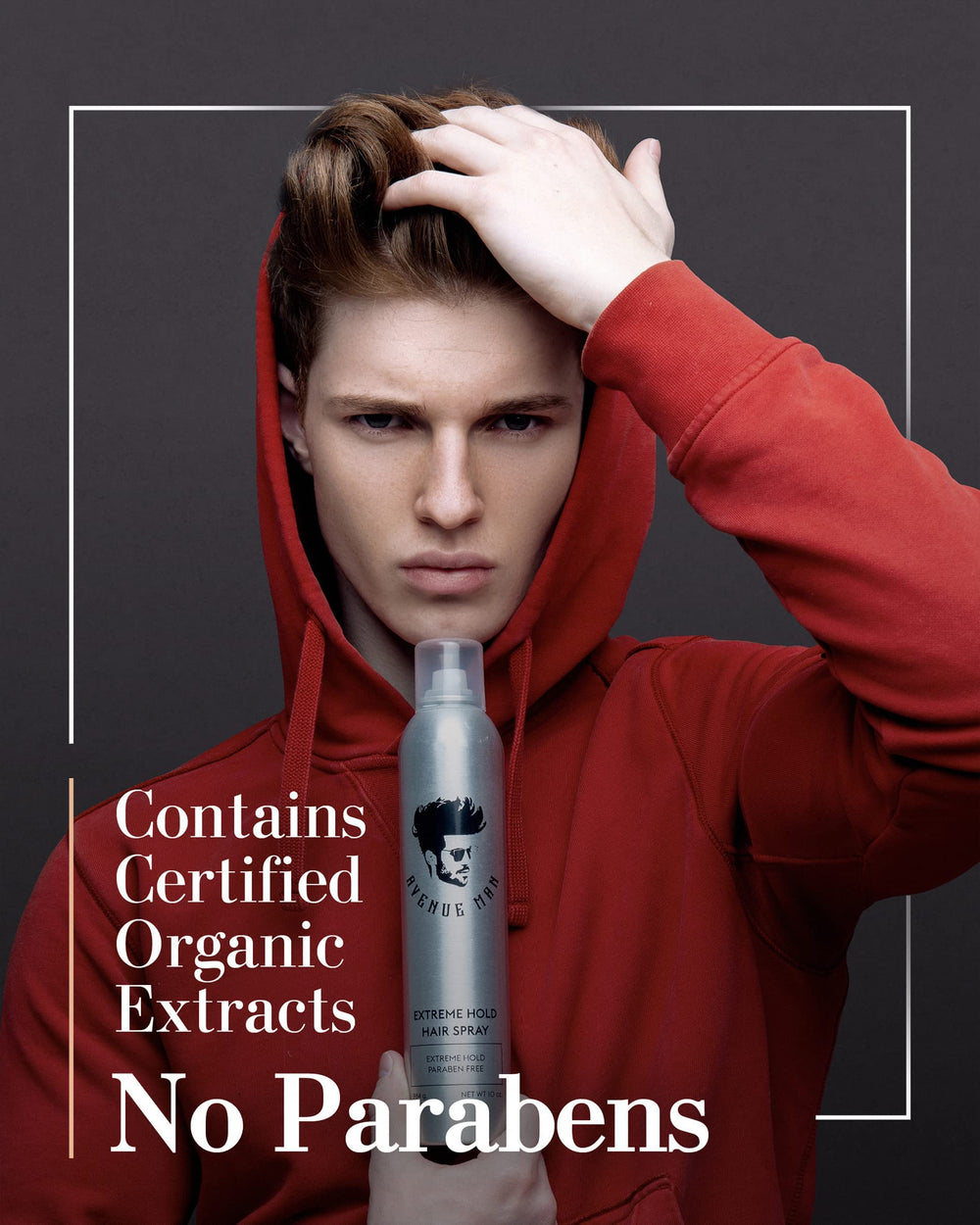 Avenue Man hairspray bottle shown during gym session for workout-ready style.