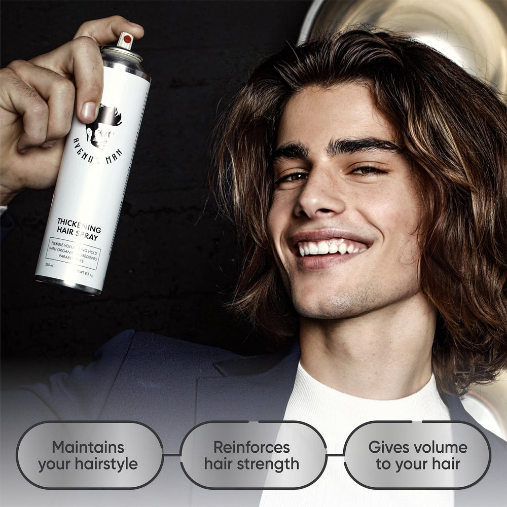 Humidity protection by Avenue Man thickening spray keeps hairstyle in weather