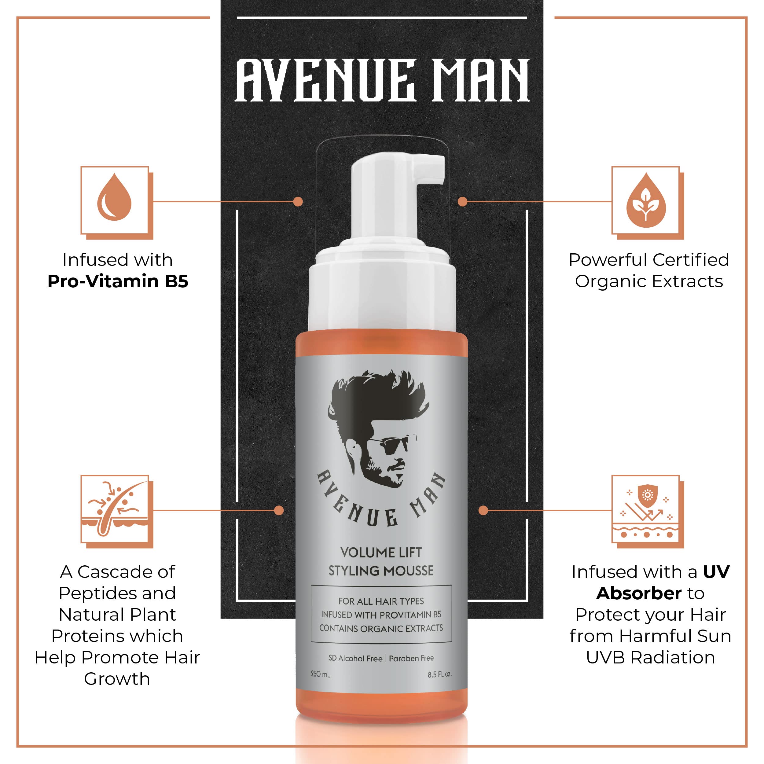 Avenue Man Volume Lift Mousse aplicándose en las manos para distribuir la espuma.