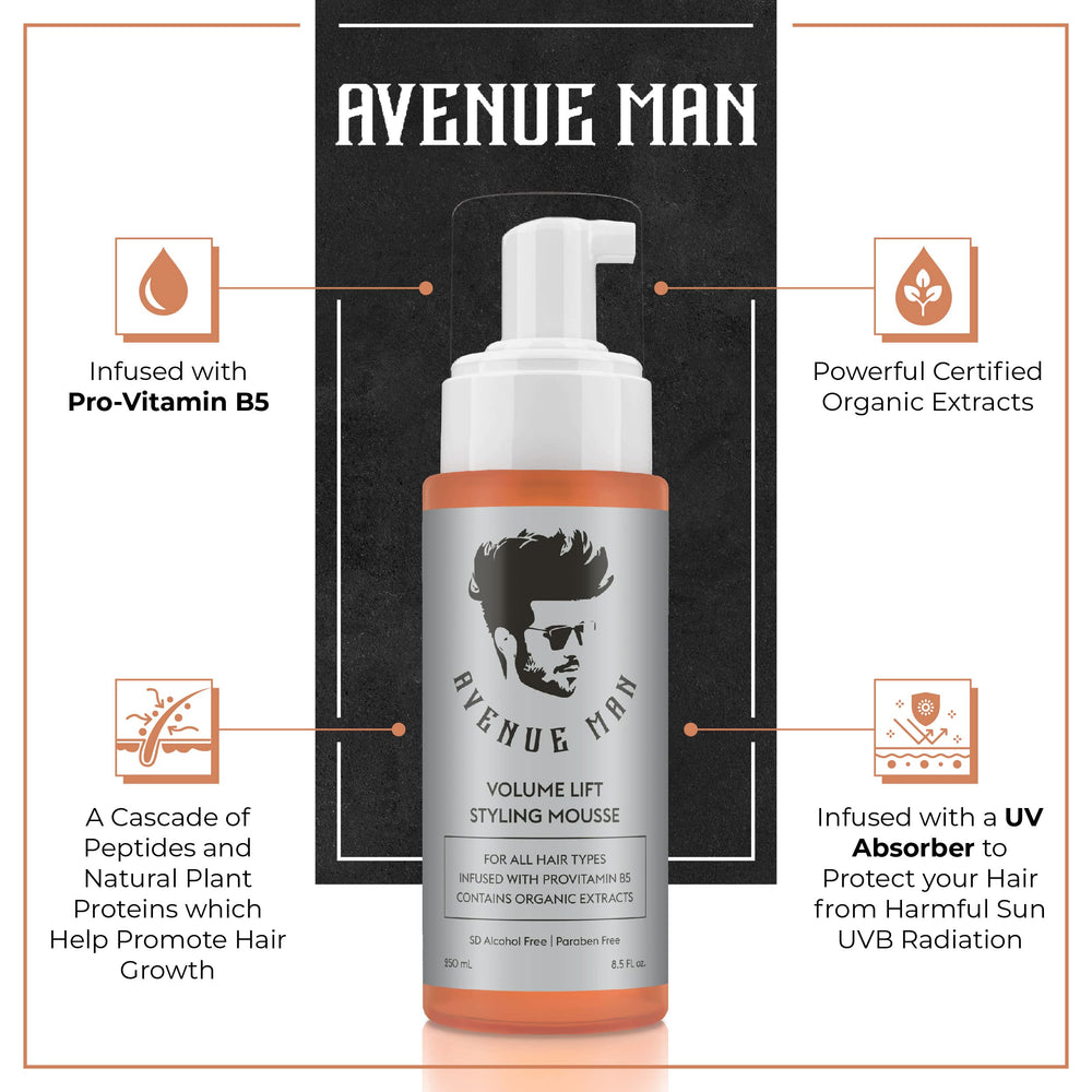 Avenue Man Volume Lift Mousse aplicándose en las manos para distribuir la espuma.