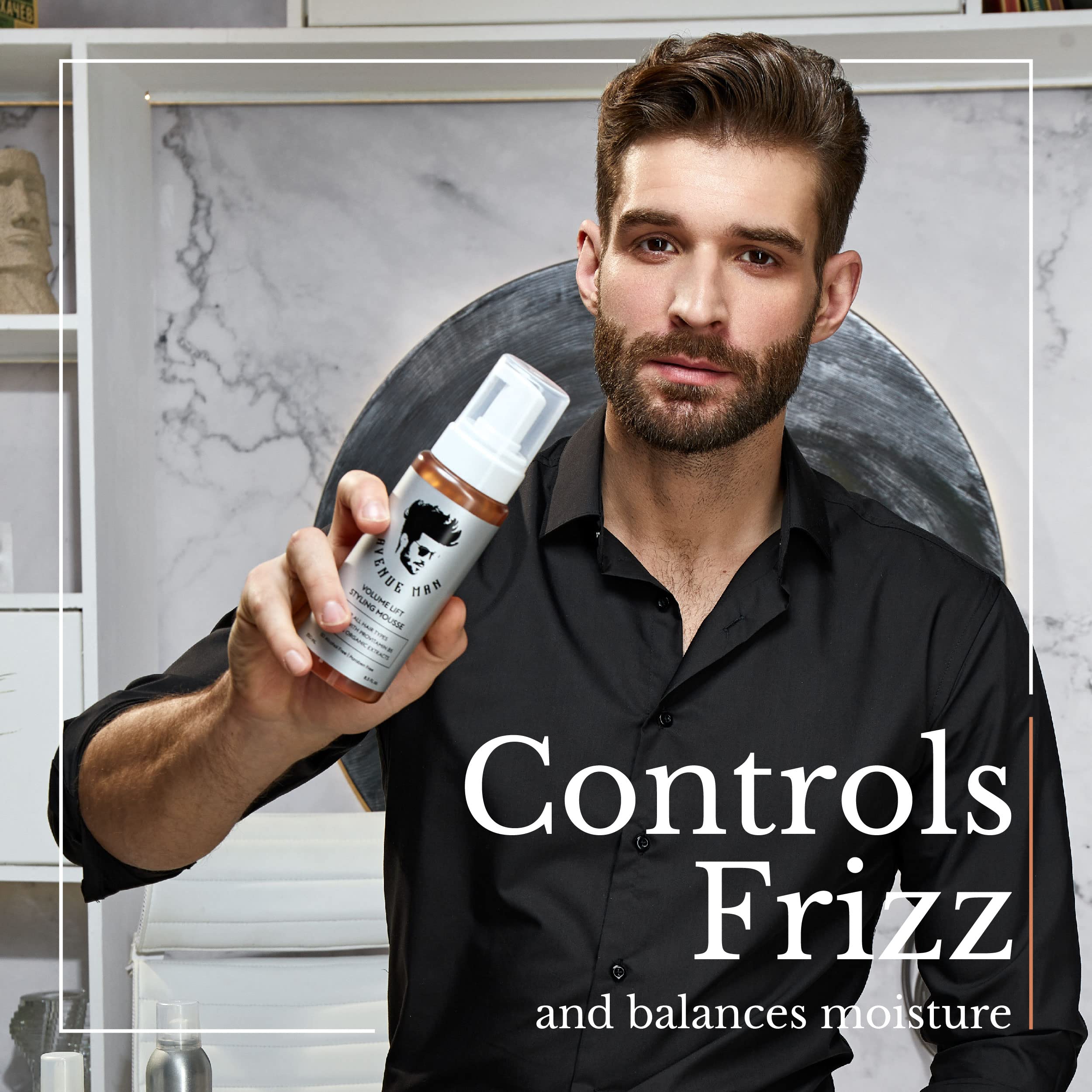 Argan y té verde en Avenue Man Volume Lift Mousse hidratan.