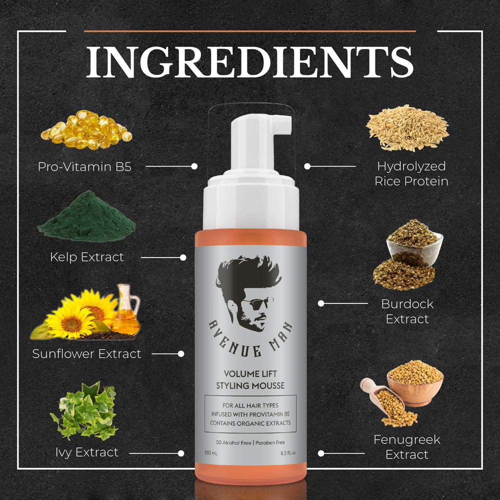 Peinado estructurado con Avenue Man Volume Lift Mousse que se mantiene.