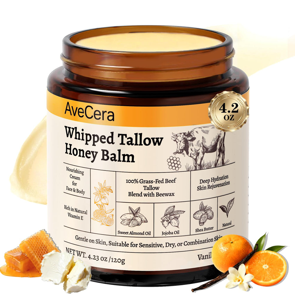 AveCera Tallow Balm jar close-up showing rich texture for skin nourishment