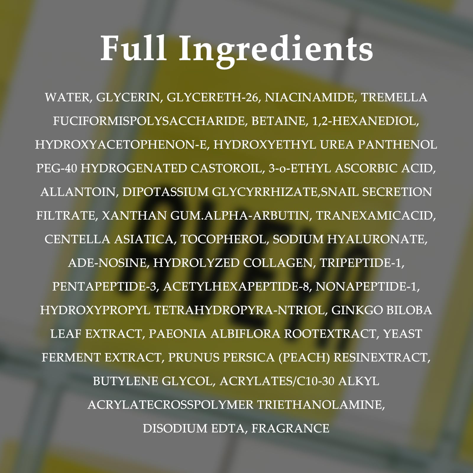 AVEYA Dark Spot Pads ingredient display highlights snail mucin and niacinamide