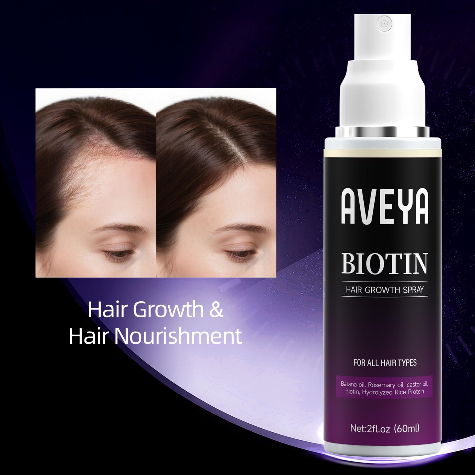 AVEYA Hair Growth Spray before-after visuals show improved texture