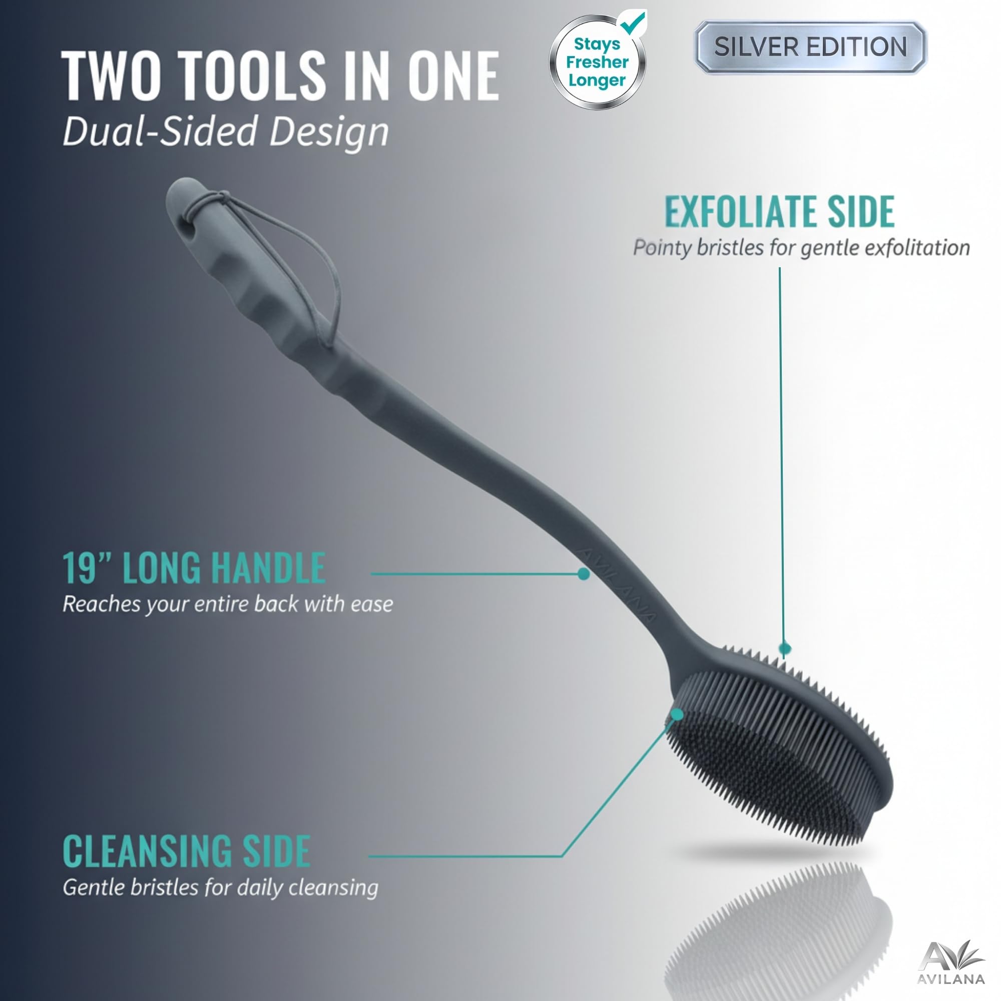Avilana dual-sided back scrubber provides exfoliation and massage.