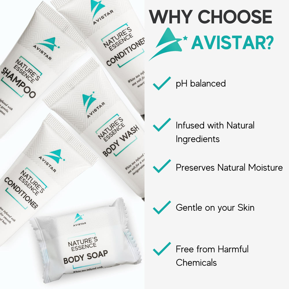 Avistar bulk toiletries packaging showcasing elegant bulk set for hosts