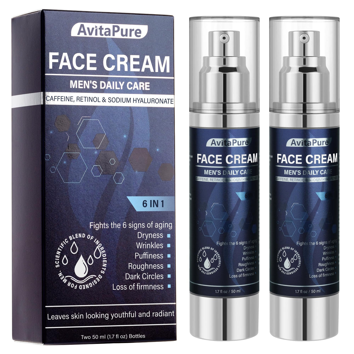 AVITAPURE 6-in-1 face cream pump bottle delivering quick-absorbing hydration for men