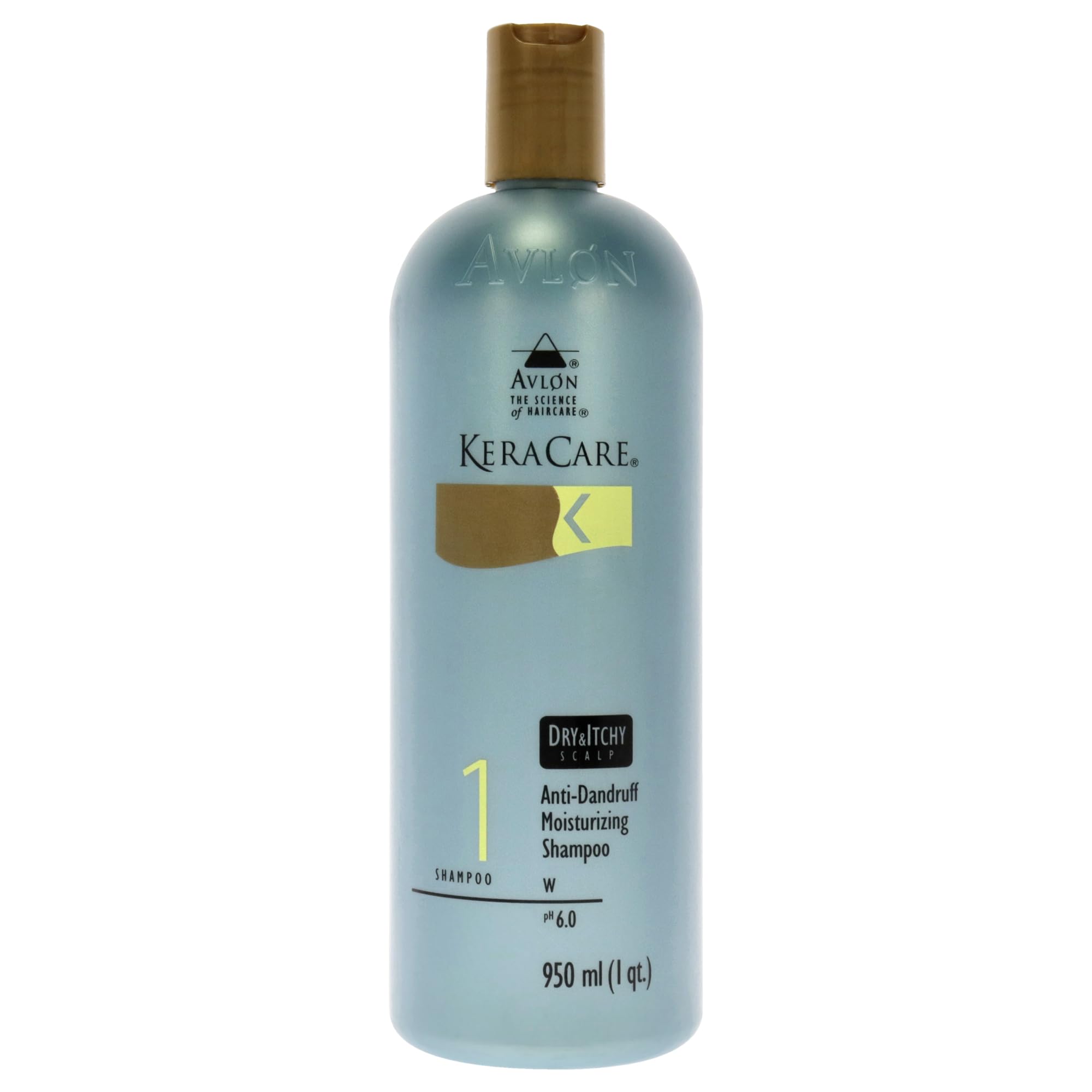 Avlon KeraCare dry scalp shampoo bottle pour shows moisturizing anti-dandruff action.