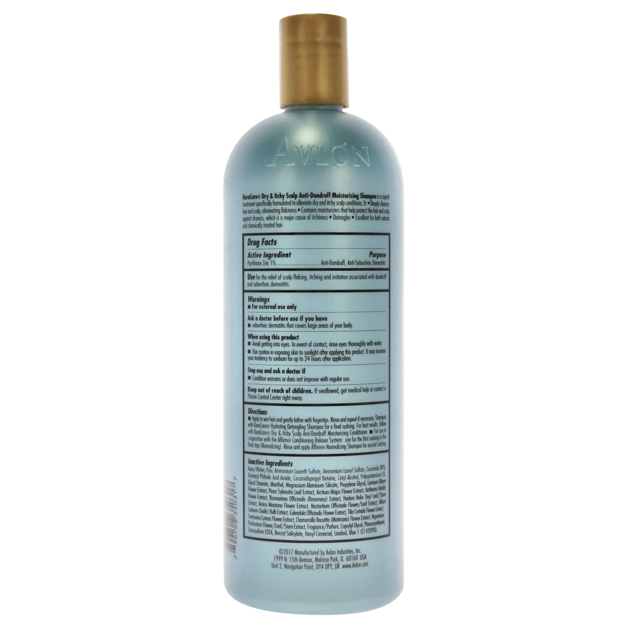 Avlon KeraCare dry scalp shampoo label close-up highlights soothing, anti-dandruff formula.