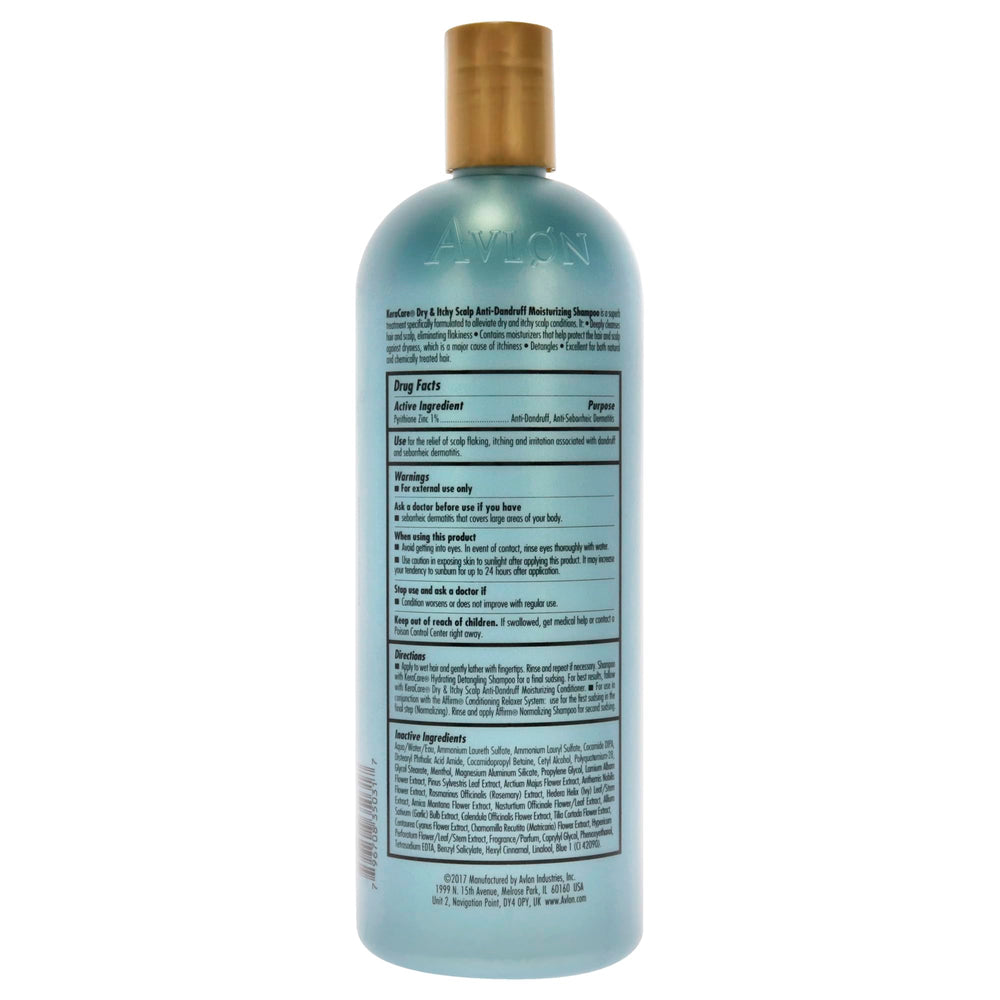 Avlon KeraCare dry scalp shampoo label close-up highlights soothing, anti-dandruff formula.