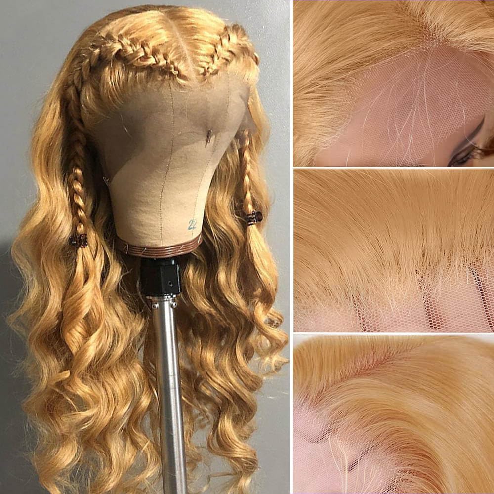 Avolo honey blonde HD wig close-up highlighting rich color detail.