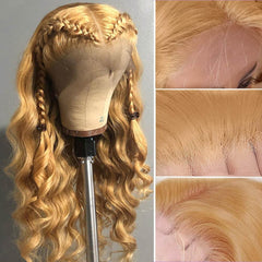 Avolo honey blonde HD wig close-up highlighting rich color detail.