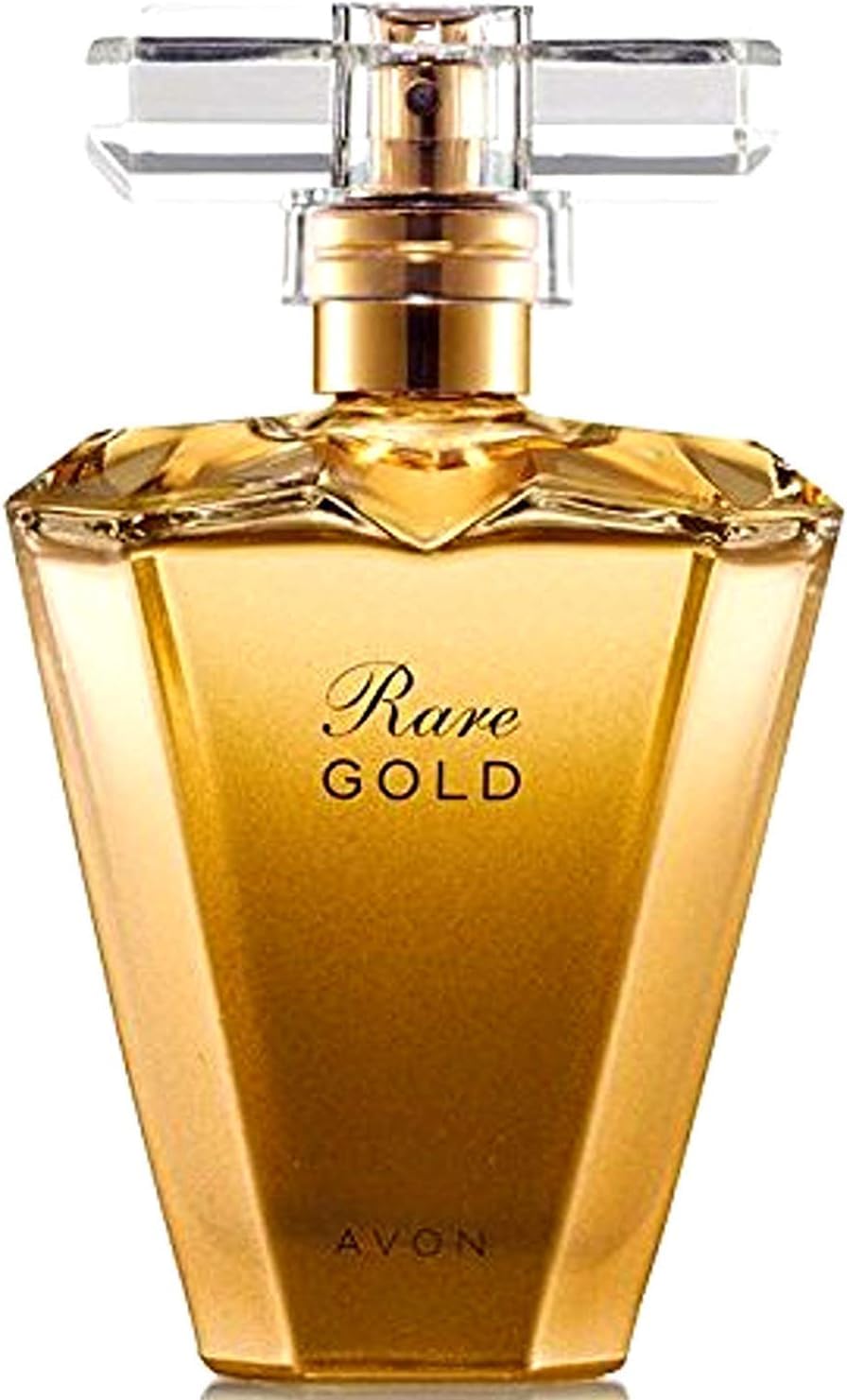 AVON Rare Gold bottle front showcases timeless elegance for daily wear.