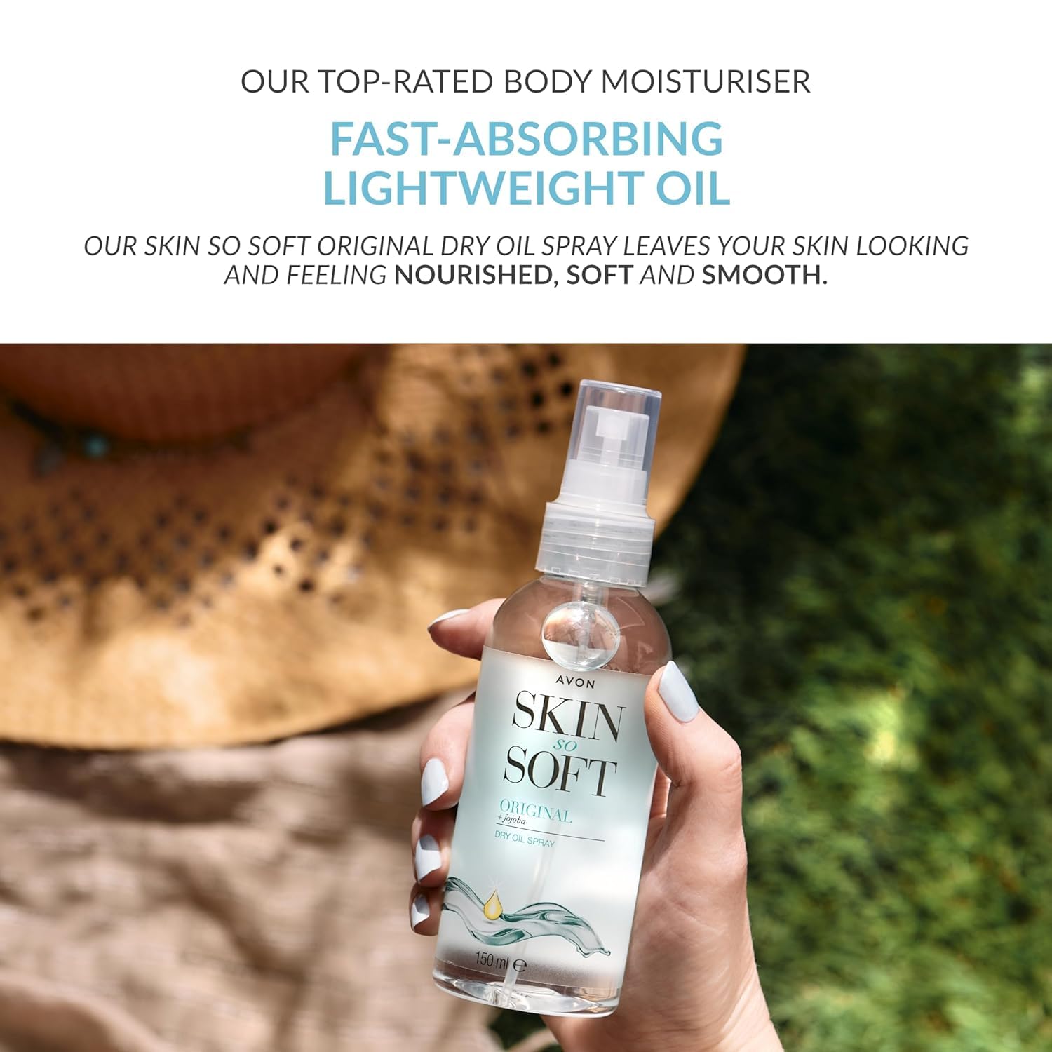 AVON Skin So Soft Original Dry Oil Spray texture-on-skin close-up, lightweight moisturization