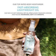 AVON Skin So Soft Original Dry Oil Spray texture-on-skin close-up, lightweight moisturization