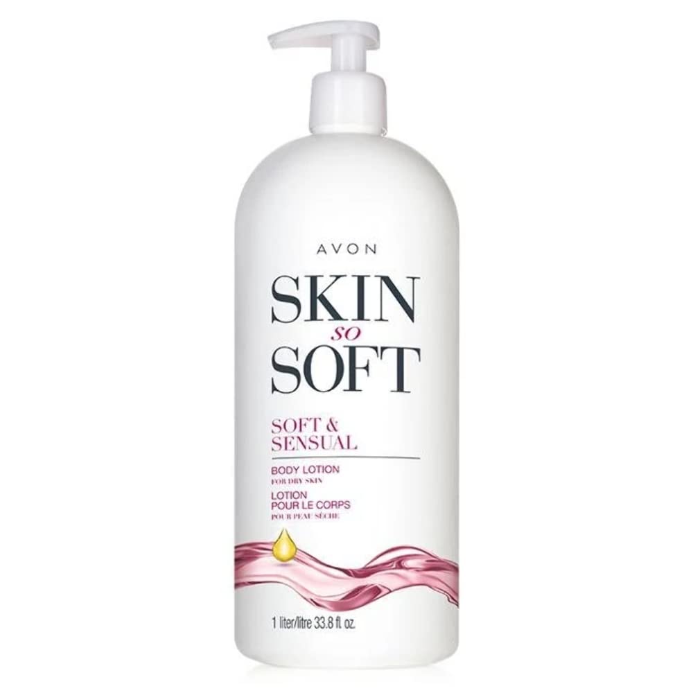 Avon Skin So Soft Soft & Sensual lotion bottle with pump offering 24-hour hydration.