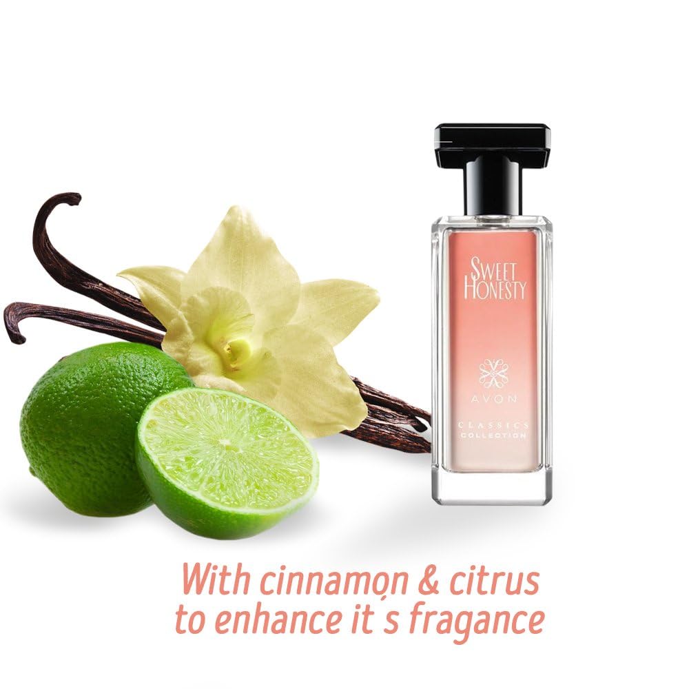 AVON Sweet Honesty bottle closeup with lily of the valley highlight for a fresh touch.