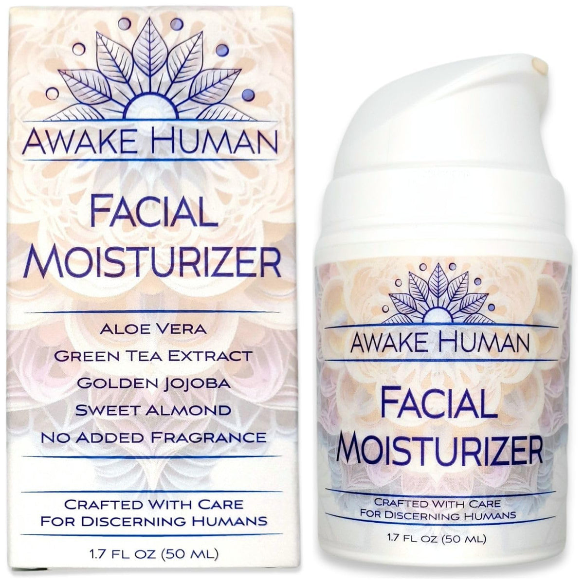 Awake Human crema facial nutritiva para piel seca, envasada para uso diario.