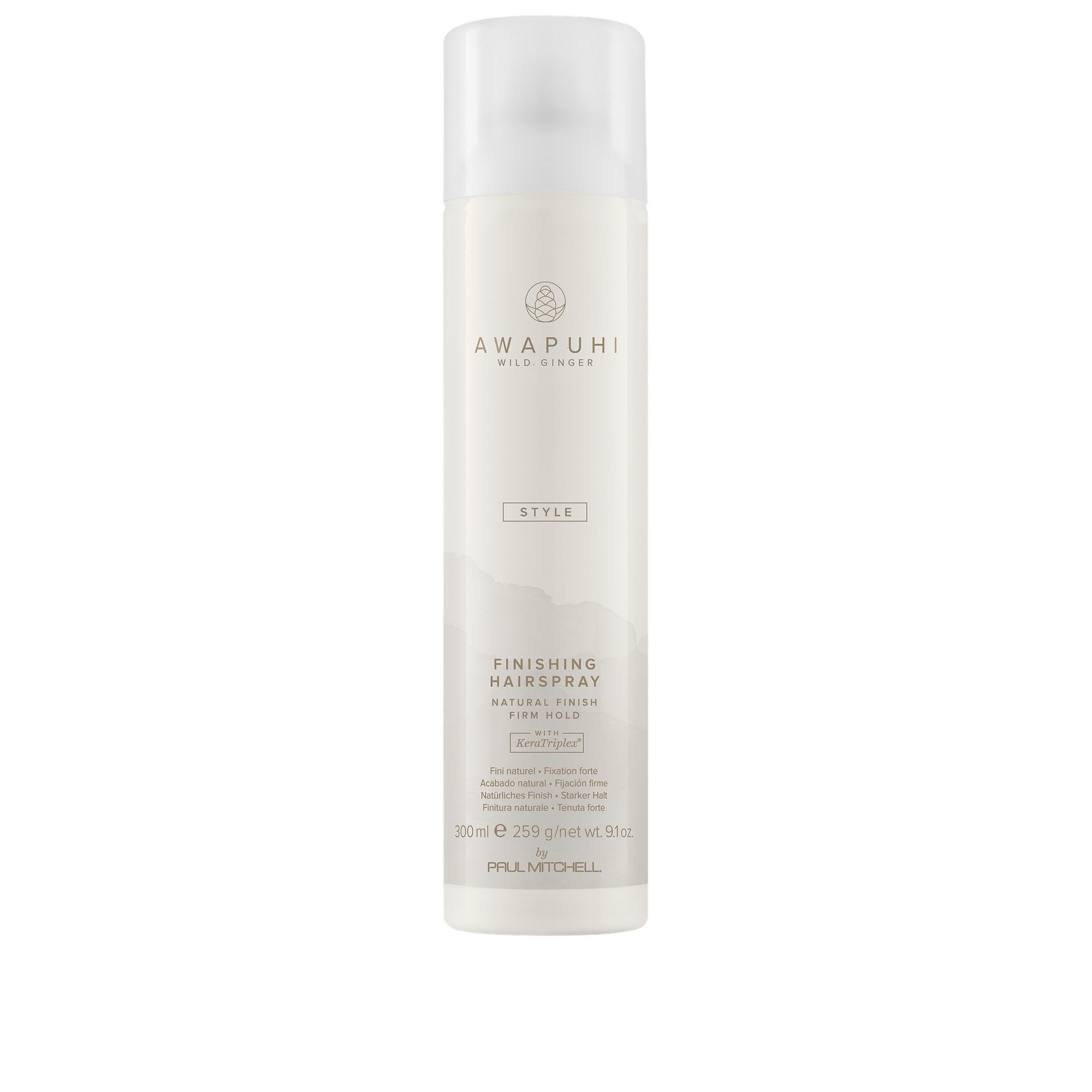 Awapuhi Wild Ginger finishing spray bottle for natural, touchable hold and shine.