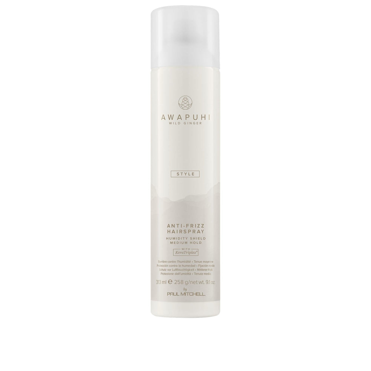Awapuhi Wild Ginger hairspray bottle with quick-dry humidity shield for all hair types